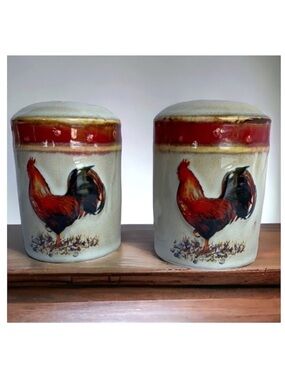 Farmhouse Rooster Salt Pepper Ceramic Shaker Set Hand Painted